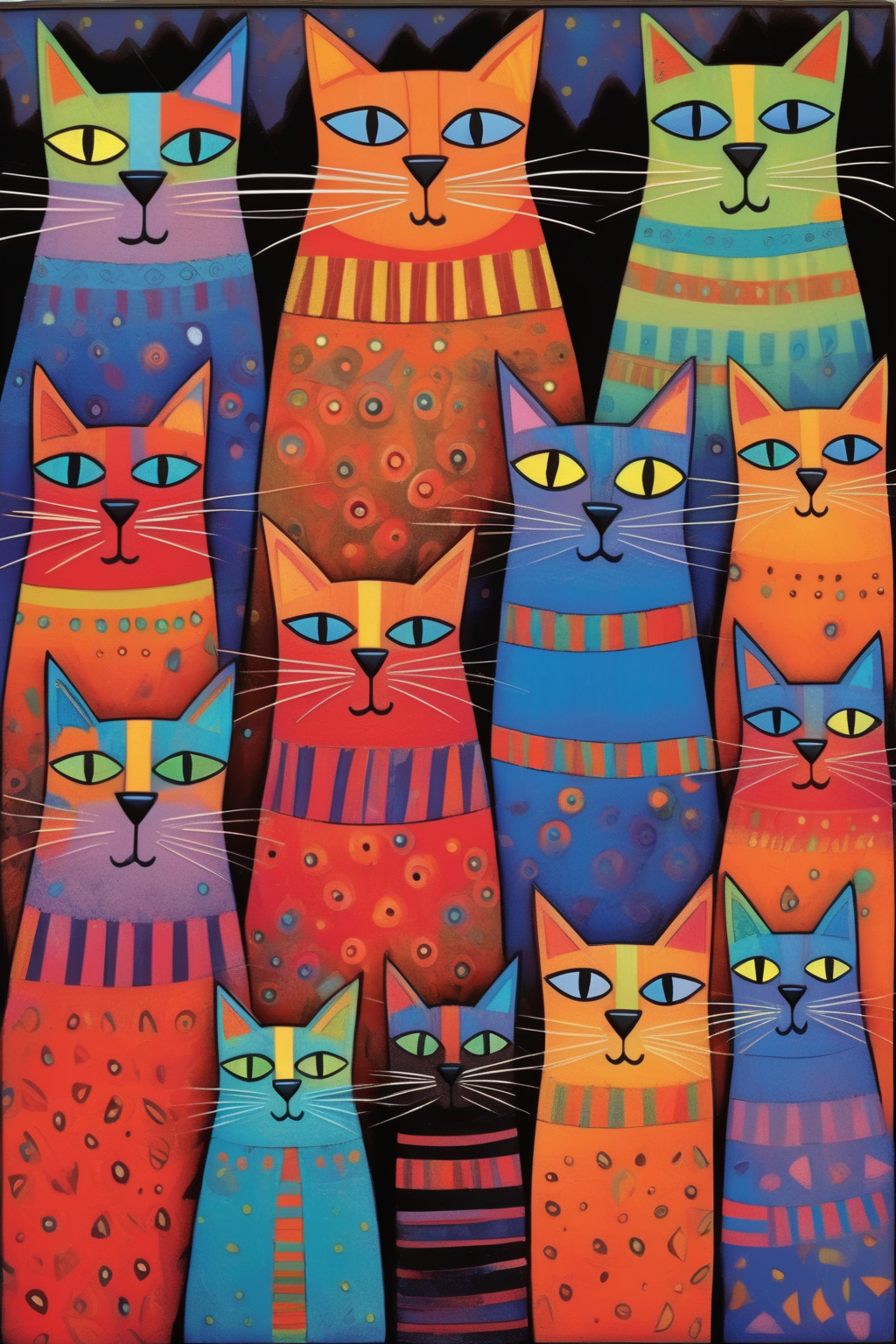 <lora:Laurel Burch Style:1>Laurel Burch Style - Laurel Burch bunch of cats