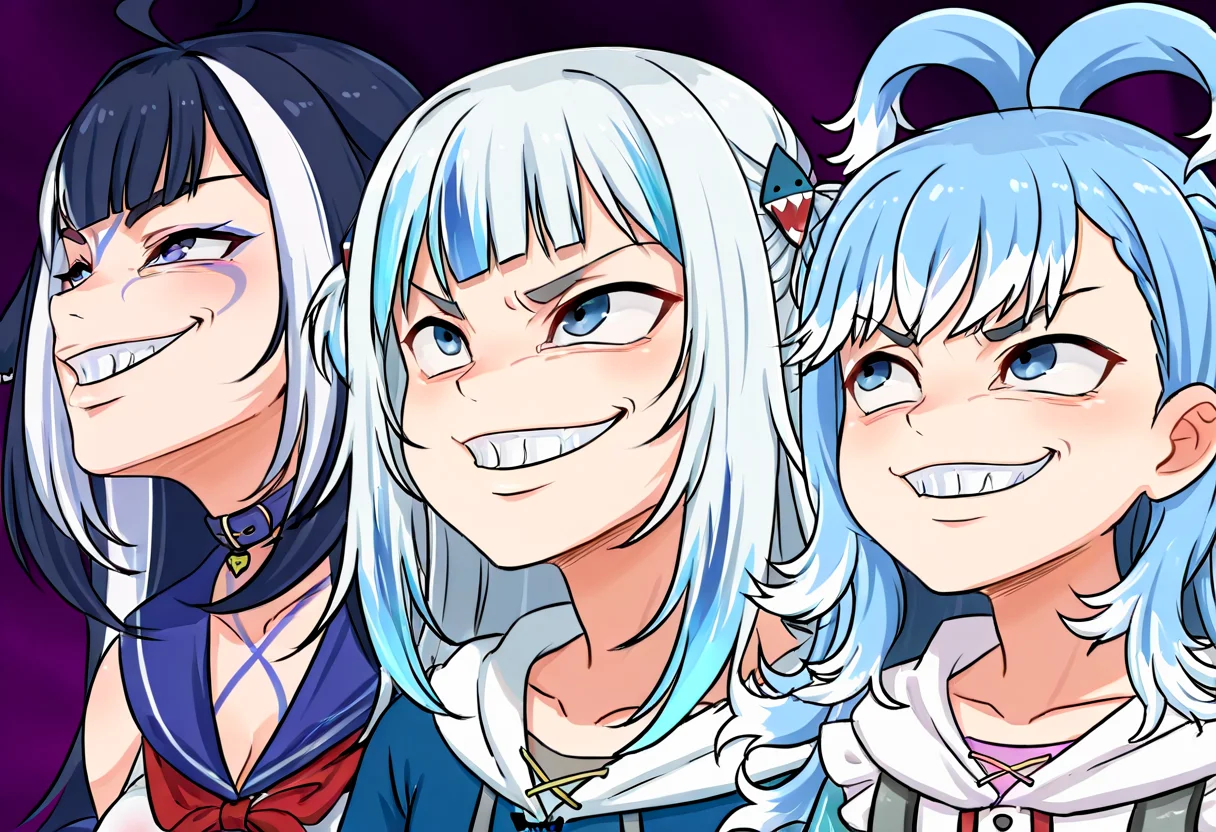 (masterpiece, high quality, amazing detail), highres, getter team pose meme, smile, 3girls, grin, meme, gawr gura, kobo kanaeru, shylily, <lora:getter_team_pose-15:1>