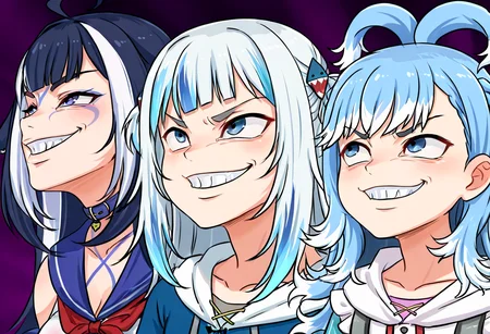 (masterpiece, high quality, amazing detail), highres, getter team pose meme, smile, 3girls, grin, meme, gawr gura, kobo kanaeru, shylily,  <lora:getter_team_pose-15:1>