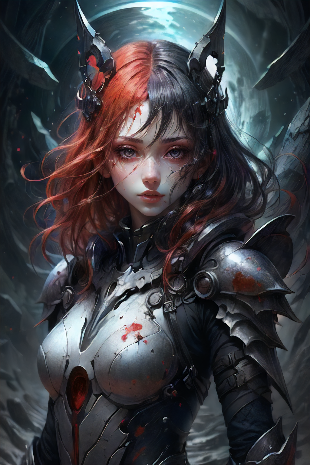 Girl, fantasy, dark atmosphere,  best quality,  detailed face, midshot, posing, black halo,  <lora:add_detail:1>, full armor, black hole, low key, red hair,  blood, hyperrealism,  <lora:Hellasthetic v2:0.7>