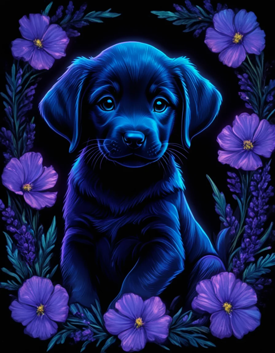 novuschroma80 style labrador retriever puppy with lavender flowers blacklight art <lora:novuschroma80 style:1>