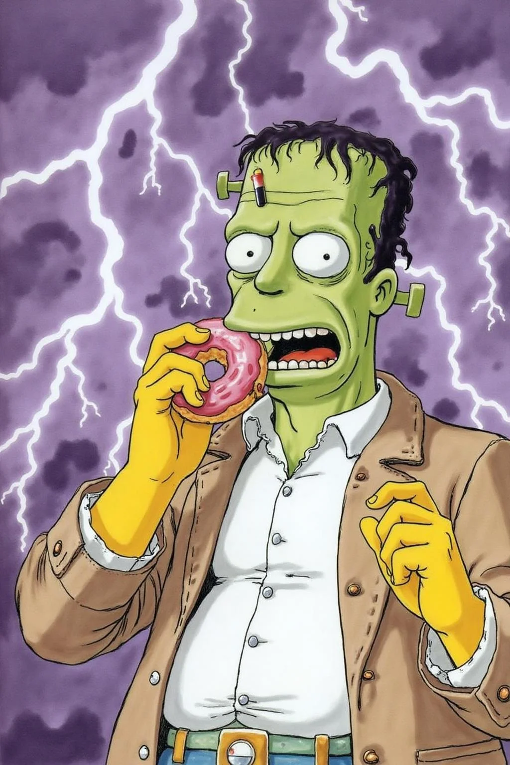 itacomic1 illustration. Homer Simpson dressed as Frankenstein, eating a doughnut during a thunderstorm <lora:itacomic_mima6_nocap_d6a3e11:1.0><lora:806429201583476035:0>