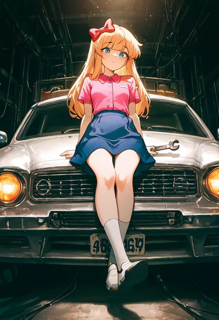 masterpiece, best quality, amazing quality, very aesthetic, absurdres, newest, detailed background, foreground blur, (( cartoon,  )),
elizabafton, 1girl, red bow , hair bow, long hair,  blonde ginger, hair, , short sleeves, bright pink buttoned shirt, blue skirt, small breasts, short skirt, long white socks, holding wrench, covered in grease, mechanic's garage, car parts, 
sitting on shelf, dark background, scary, tilted head, metal wires, metal cables, robot background,