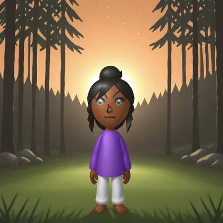score_9, score_8, BREAK, solo, wii, mii, wii sports, 1girl, female mii, gray eyes, stars in eyes, byakugan, black hair, black eyebrows, dark skin, purple clothing, white pajama pants, barefoot, nintendo mii, modern_mii, classic_mii, breasts, Awakened_Haru_(OC_Mii), sexy pose, smile, outdoors, sunlight, shadows, evening lighting, natural lighting, forest, trees, grass, orange sky, sunset