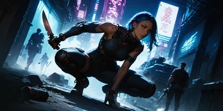 (score_9, score_8_up, score_7_up, masterpiece, , best quality, high quality, highres, cinematic shot, thick lineart, sharp edges, cel shading, linear hatching, neon lights, cyberpunk ctiy, panorama),
BREAK
dutch angle, full side, solo, 1women, dark-skinned female, solo, long blue hair, red eyeliner, holding knife, (cyborg, cybernetic neck, bionic torso, bionic skin:1), military bodysuit, squatting, sneaking, behind man in military uniform,
BREAK
military building,
<lora:add-detail-xl:0.8> <lora:Perfect Hands:0.8> <lora:Concept Art Twilight Style SDXL_LoRA_Pony Diffusion V6 XL:0.8> <lora:Expressive_H:0.8> <lora:sinfully_stylish_SDKL:0.8> <lora:zavy-cntrst-sdxl:0.6>