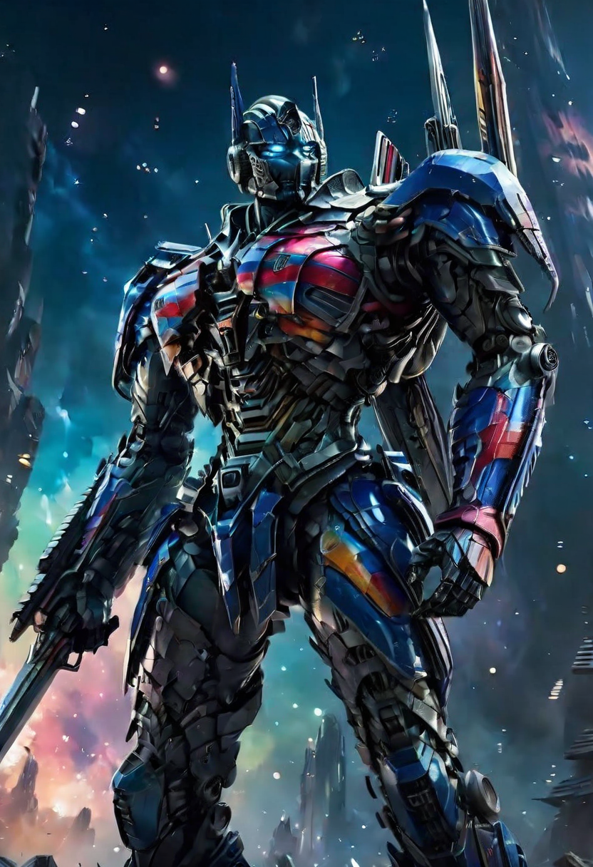 , Ultra detailed microscopic  level image of a black colourful cosmic structure , intricate, entropy, gravitational pull, space dust, (( dist)), visually delightful, ((deep bokeh)), dreamy, cosmic abstract background,weapon, solo, sword, mecha, robot, no humans, holding, 1girl, holding weapon, standing, blue eyes, holding sword, armor, science fiction<lora:Optimus Prime_SDXL-000008:0.8>