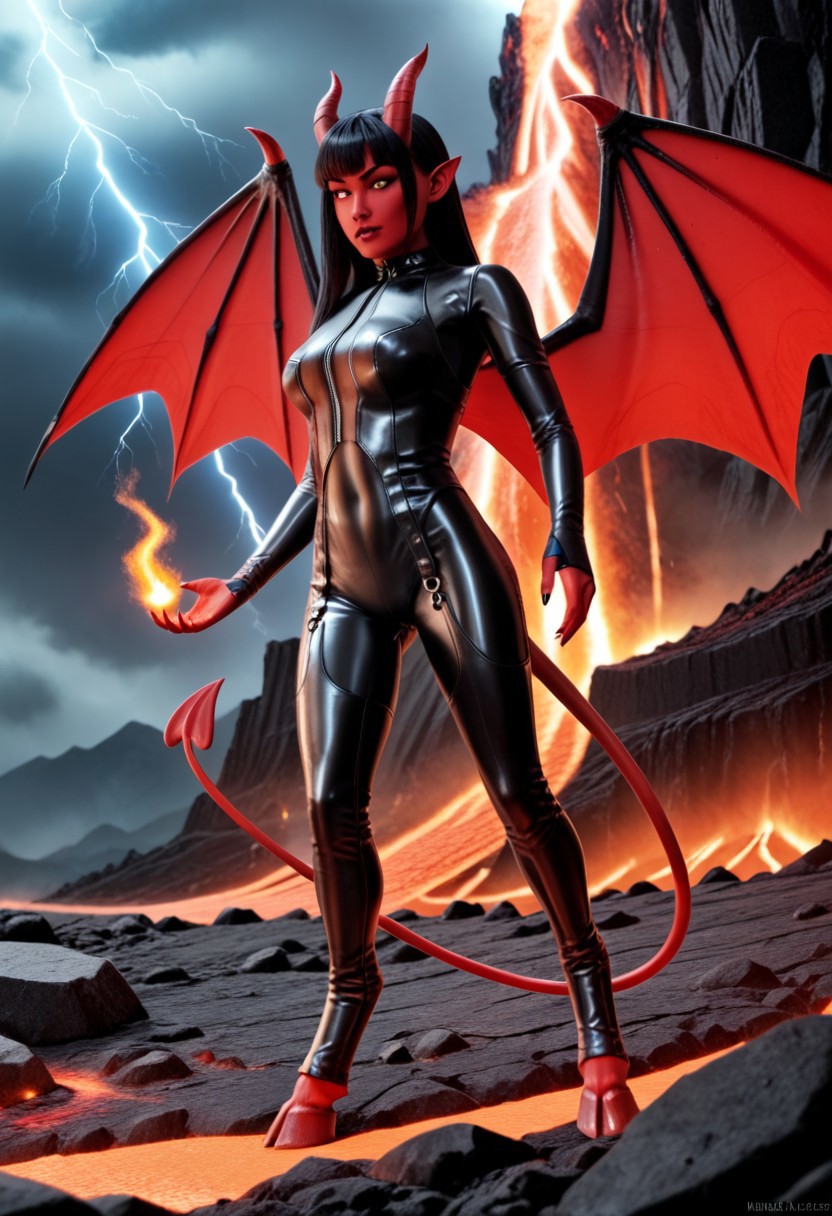 A 35mm photo of a beautiful slim woman, she is a demon , vibrant red skin, demon horns, clawed reptilian hands, digitigrade demon hooves, spade tipped demon tail, lace bodysuit lingerie, standing in a volcano, long straight black hair, large green feline demon eyes, demonic wings, lit with a sickly green light
lava, fire, volcano, lightning, ruanyi0869,black bodysuit,shiny clothes