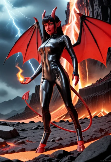A 35mm photo of a beautiful slim woman, she is a demon , vibrant red skin, demon horns, clawed reptilian hands, digitigrade demon hooves, spade tipped demon tail, lace bodysuit lingerie, standing in a volcano, long straight black hair, large green feline demon eyes, demonic wings, lit with a sickly green light
lava, fire, volcano, lightning, ruanyi0869,black bodysuit,shiny clothes
