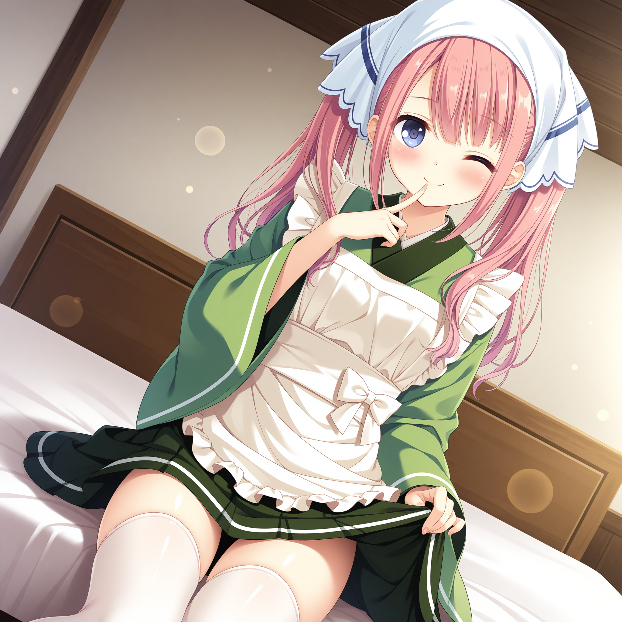 <lora:Shirakawa_Akari_1_nai-000035:1>,Shirakawa Akari,
twintails,head scarf,white headwear,maid,wa maid,japanese clothes,green kimono,frilled kimono,white thighhighs,long sleeves,pleated skirt,wide sleeves,white apron,maid apron,white bow,waist bow,frills,white frills,green skirt,miniskirt,frilled apron,
BREAK
1girl,solo,one eye closed,looking at viewer,indoors,skirt lift,smile,blush,lens_flare,dutch angle,finger to mouth,front view,sitting,on bed,skirt lift,