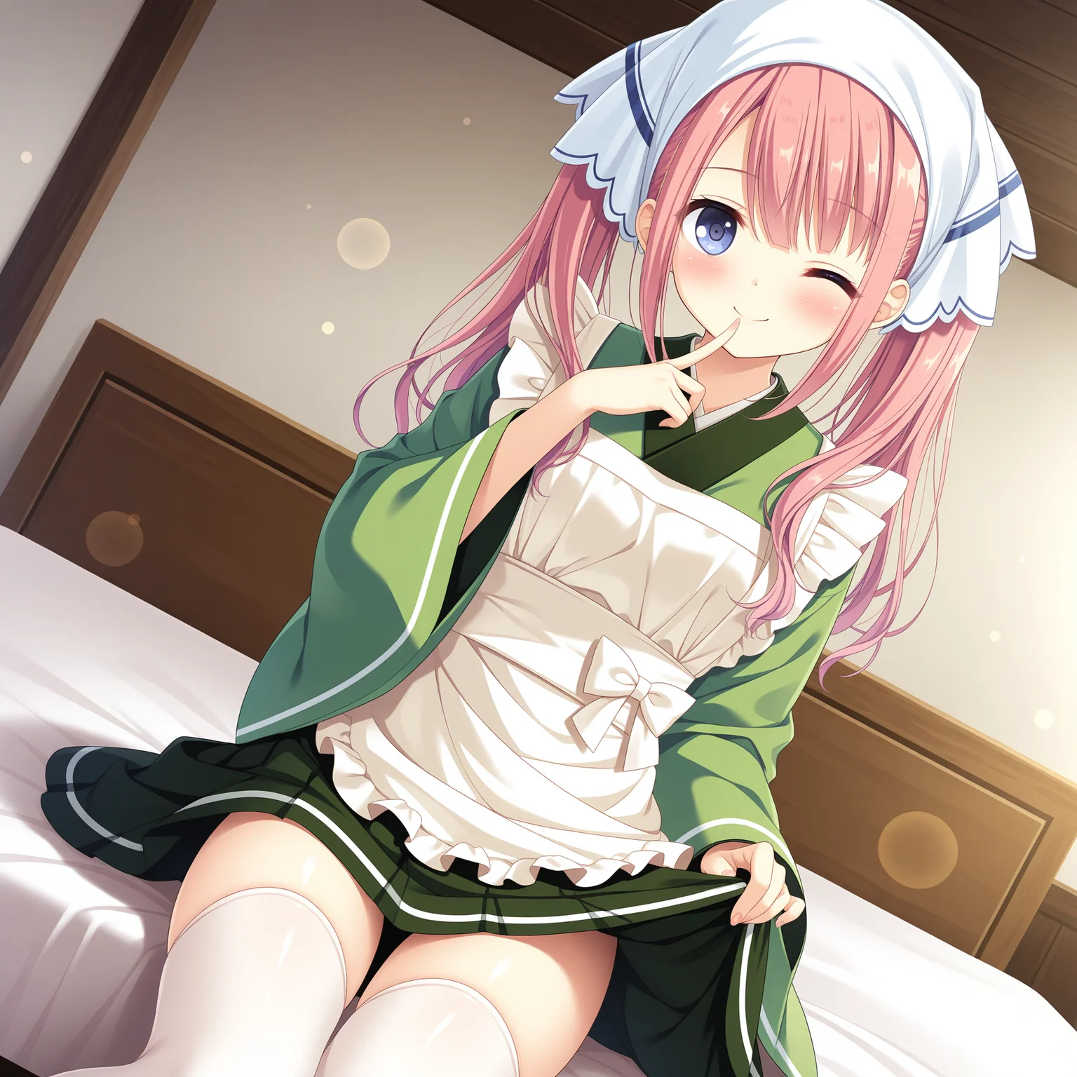 <lora:Shirakawa_Akari_1_nai-000035:1>,Shirakawa Akari,
twintails,head scarf,white headwear,maid,wa maid,japanese clothes,green kimono,frilled kimono,white thighhighs,long sleeves,pleated skirt,wide sleeves,white apron,maid apron,white bow,waist bow,frills,white frills,green skirt,miniskirt,frilled apron,
BREAK
1girl,solo,one eye closed,looking at viewer,indoors,skirt lift,smile,blush,lens_flare,dutch angle,finger to mouth,front view,sitting,on bed,skirt lift,