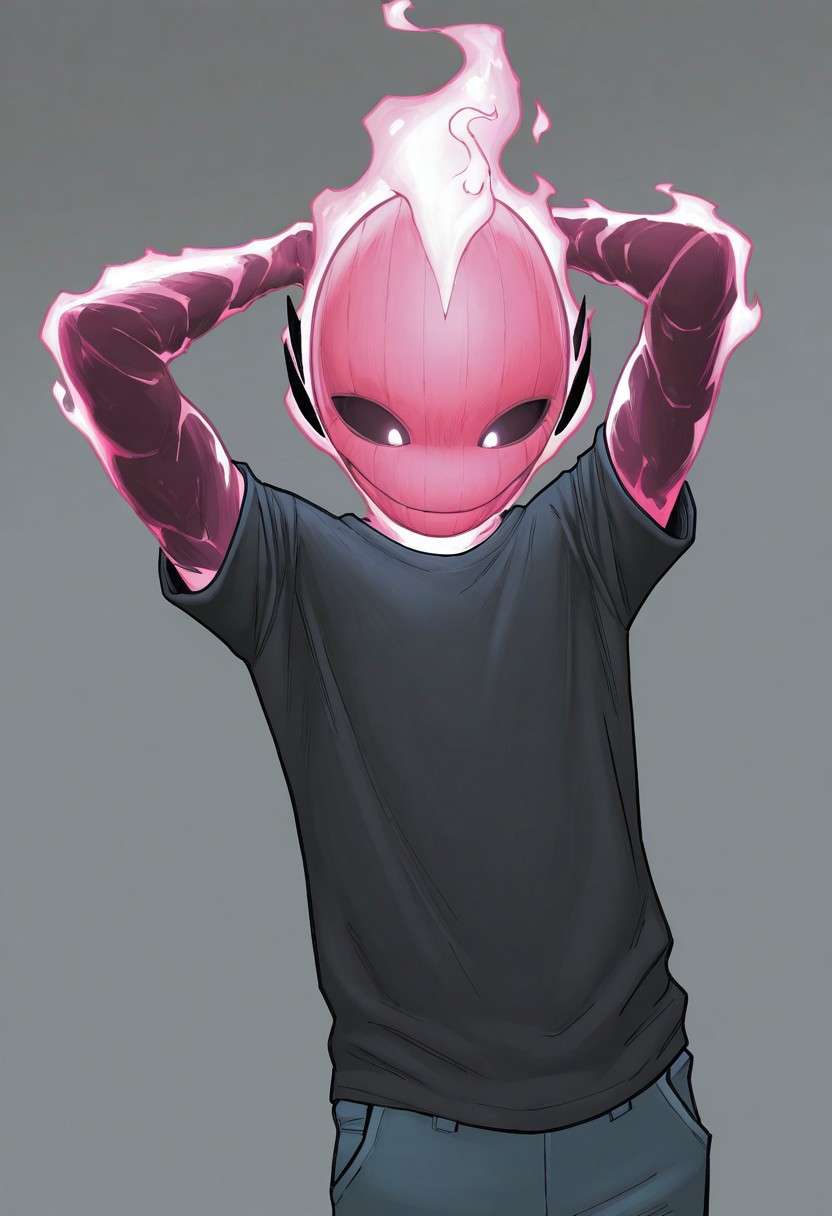 masterpiece, absurdres, high quality, perfect anatomy, 1boy, solo, cute boy, male focus, doyle, Pink Fire, Black Scelera, colored scelera, t-shirt, shy smile, hand behind head, cinematic, intricately detailed illustration, depth of field, masterpiece, best quality, amazing quality, very aesthetic, absurdres, newest, very awa,  shadow, dynamic angle, casual cosplay, dynamic pose, simple background,