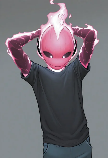masterpiece, absurdres, high quality, perfect anatomy, 1boy, solo, cute boy, male focus, doyle, Pink Fire, Black Scelera, colored scelera, t-shirt, shy smile, hand behind head, cinematic, intricately detailed illustration, depth of field, masterpiece, best quality, amazing quality, very aesthetic, absurdres, newest, very awa, shadow, dynamic angle, casual cosplay, dynamic pose, simple background,