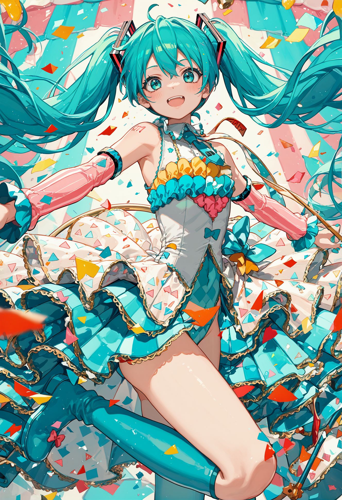 score_9, score_8_up, score_7_up, best quapoty, highres, absurdres, source_anime, 1girl, hatsune miku, colorful leotard, circus, <lora:pony_circus:1>