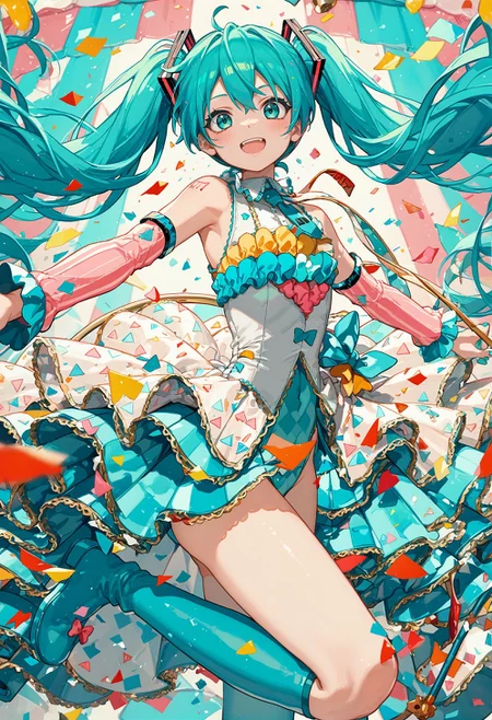 score_9, score_8_up, score_7_up, best quapoty, highres, absurdres, source_anime, 1girl, hatsune miku, colorful leotard, circus, <lora:pony_circus:1>