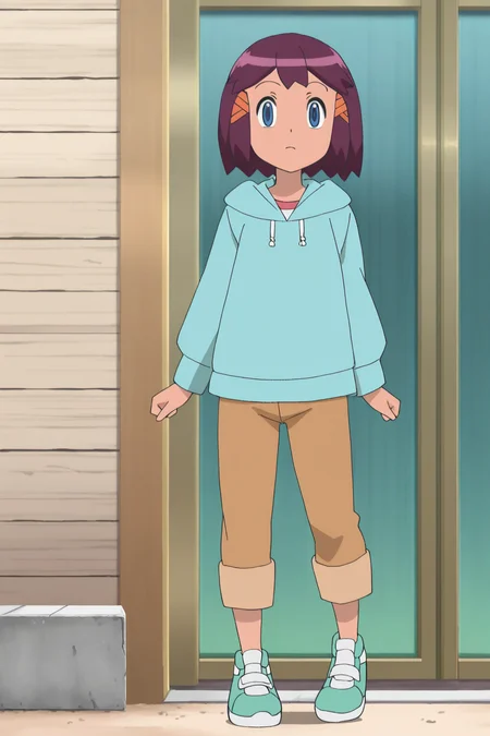 1girl, solo,  standing, looking at viewer, 
<lora:Shannon-Shobu:0.9> PK5BWShan5nonSho5bu,blue eyes,dark pink brown hair,short hair, orange hair ornament, 
alternate costume, 
hoodie, 
pants, 
shoes, 
,masterpiece, high quality, absurdres, best quality, very aesthetic, newest,