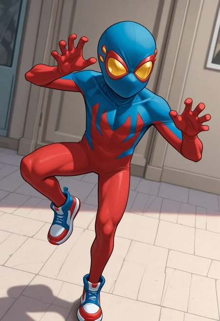 1boy, male focus, cute boy, BaileyBriggs, Mask, Yellow Eyes, Spiderboy Costume, Two-tone Bodysuit, Red Bodysuit, Blue Bodysuit, Red Blue Sneakers, cinematic, intricately detailed illustration, depth of field, masterpiece, best quality, amazing quality, very aesthetic, absurdres, newest, very awa, shadow, dynamic angle, casual cosplay, dynamic pose,  action pose,
