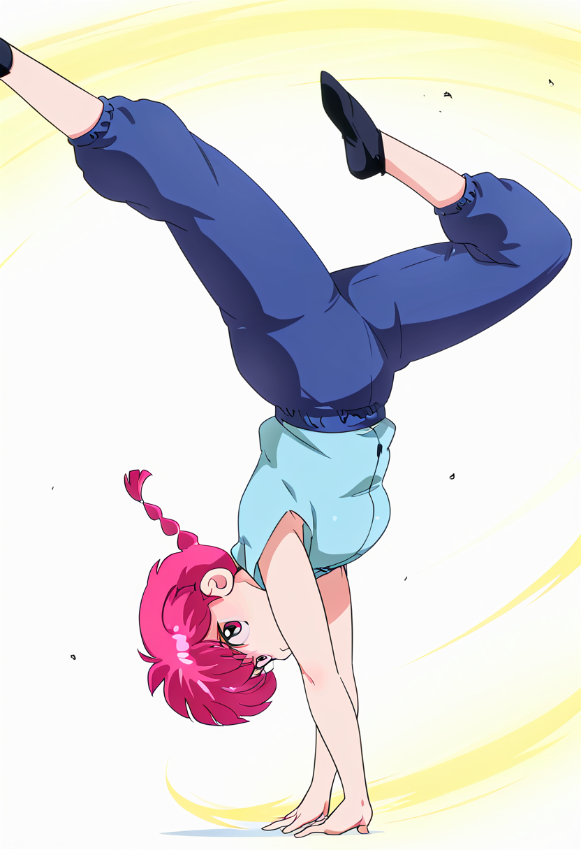 masterpiece, high quality, best quality, spinning_bird_kick, upside-down, kicking, spinning, split, 1girl, ranma2024, handstand, full body, feet out of frame, looking at viewer, one arm handstand,  <lora:spinning_bird_kick:1>, <lora:Ranma-2024-Illous:1>