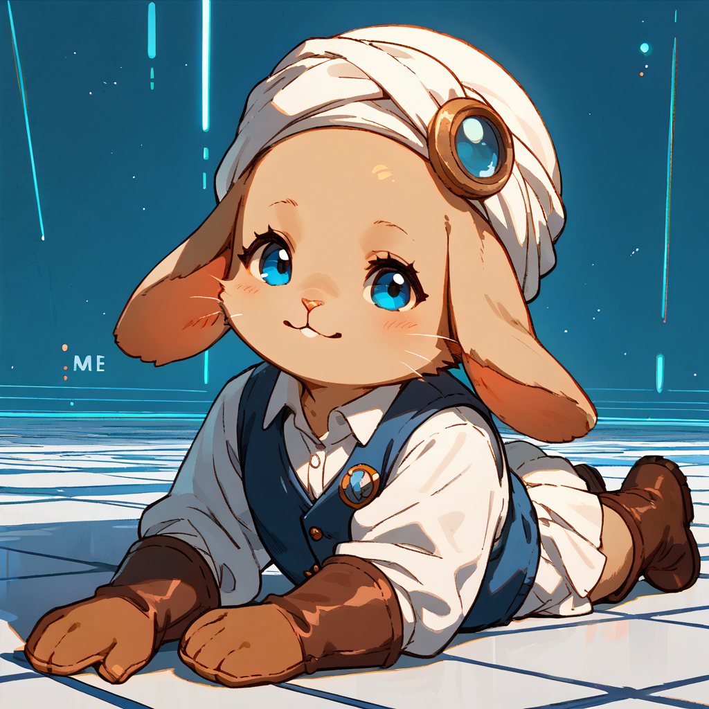 <lora:Final_Fantasy_-_Loporrit:1> loporrit, lagomorph, on stomach, white turban, blue vest, white shirt, short white skirt, brown boots, tiled floor, blue background, spaceship background, (chibi:0.8), cute, (chubby cheeks:0.5), <lora:StS_PonyXL_Detail_Slider_v1.4_iteration_3:4>, score_9, score_8_up, score_7_up, source_furry