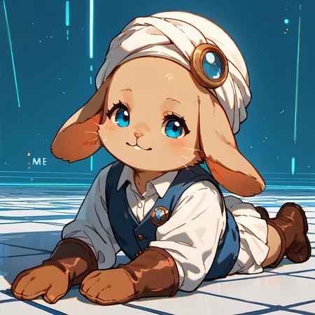<lora:Final_Fantasy_-_Loporrit:1> loporrit, lagomorph, on stomach, white turban, blue vest, white shirt, short white skirt, brown boots, tiled floor, blue background, spaceship background, (chibi:0.8), cute, (chubby cheeks:0.5), <lora:StS_PonyXL_Detail_Slider_v1.4_iteration_3:4>, score_9, score_8_up, score_7_up, source_furry