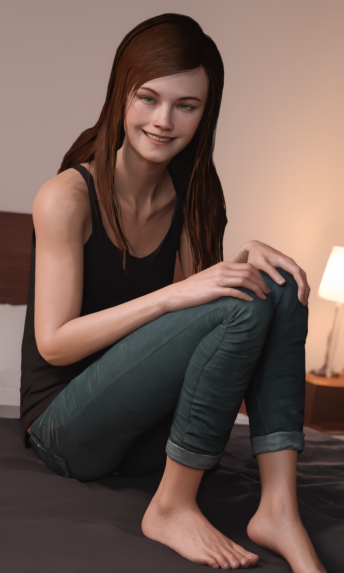 score_9, score_8_up, score_7_up, BREAK, 3d, realistic,
1girl, vic_bw, brown hair, green eyes, long hair, freckles, <lora:victoria_burnwood_test:0.8>,
sitting, hand on knee, smile, looking at viewer,
tank shirt, black shirt, denim pants, barefoot, bedroom