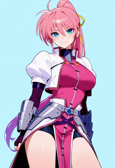 masterpiece, best quality, amazing quality, highres, absurdres, high resolution, ultra detailed, perfect details, asthetic, ultra-detailed, high quality, newest, signumMSLN, 1girl, solo, pink hair, ponytail, yellow ribbon, blue eyes, hair between eyes, white cropped jacket with pink trim, metal neckguard, pink shirt with tabard, white waistcape, faulds, purple elbow gloves, metal gauntlets, fingerless gloves, purple belts, bare legs, black skirt, pencil skirt, tabard aside, smiling, standing, contrapposto, offical art