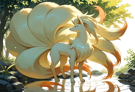 masterpiece, best quality, solo, zzNinetales, female, amber eyes, walking beside a crystal-clear pond, glowing water ripples, serene and tranquil atmosphere, soft lighting, detailed water effects, fur, fluffy tails, fluffy body, viewed from side,