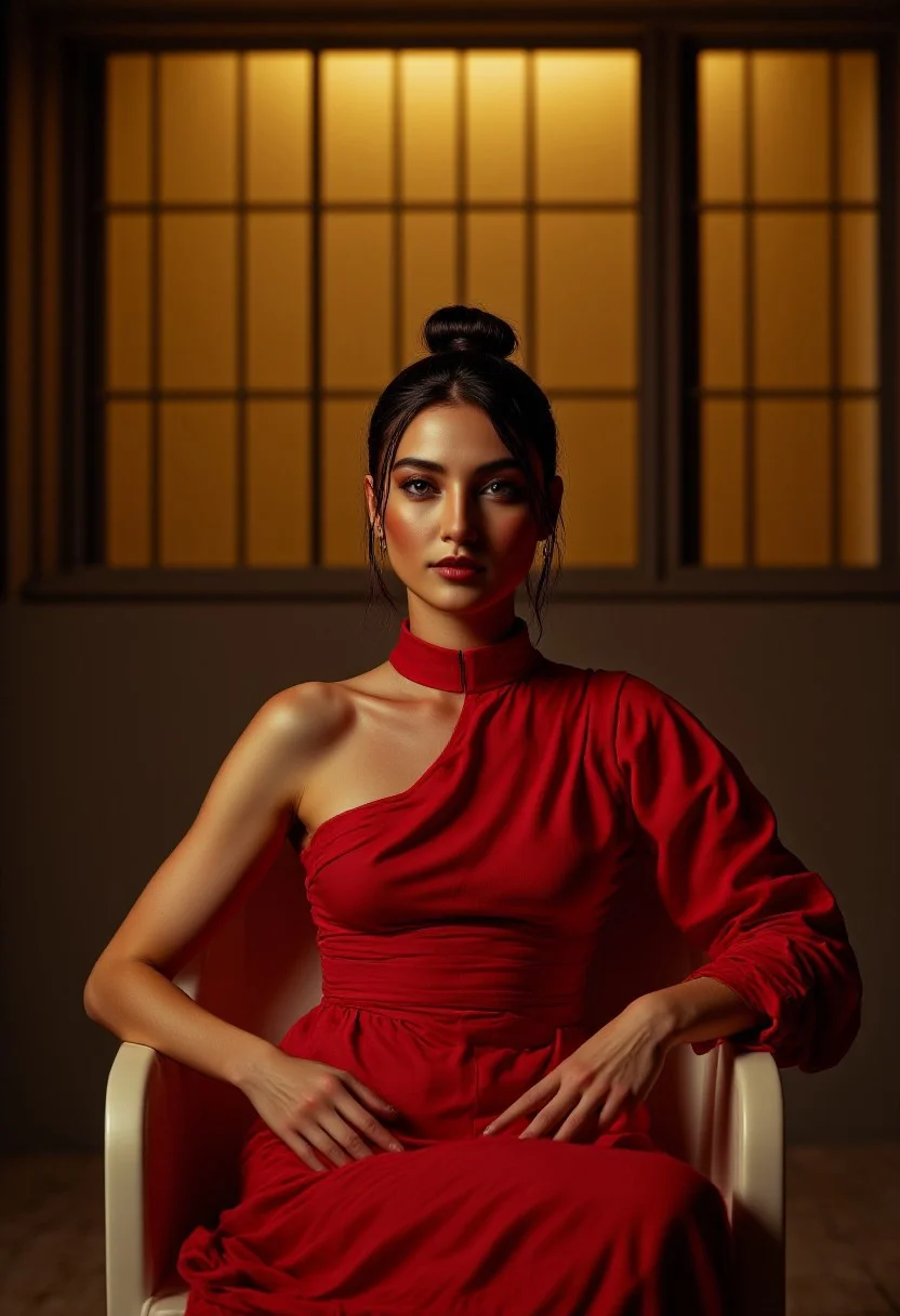 professional photo. cinematic style. masterpiece.
The front view is close, at eye level. This is a shot from a movie with a turkish woman with green eyes, sitting in a darkened environment, black hair in bun. She is wearing a strict red tight-fitting dress with cleavage and a high collar to the middle of her thighs. charismatic tatoo on her left arm. Relaxed pose, bare arms, hands resting on the railing of the chair. She crossed her legs. Feminine figure, wide hips. Perfect hands. She has a confident expression on her face and playful twinkles in her eyes, Looking at us. The chair she's sitting on is white. The overall atmosphere of the shot is seductive sophistication and cold passion, minimalism and clean lines. exquisite seduction. The frame of the film is made qualitatively, professionally, with a clear focus.(woman is brightly illuminated by soft artificial light).
The background is made in a minimalist style, with a gradient of dark yellow tones, far behind in defocus is an illuminated wall of rectangular panels, which enhances the airy atmosphere of the scene and the depth of field. The overall composition looks cinematic. Beautiful bokeh. Hollywood Cinematic Film style. indirect sexy lights. lighting focus on the character.
(depth of field), Alyona