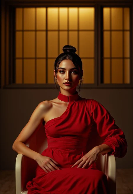 professional photo. cinematic style. masterpiece.
The front view is close, at eye level. This is a shot from a movie with a turkish woman with green eyes, sitting in a darkened environment, black hair in bun. She is wearing a strict red tight-fitting dress with cleavage and a high collar to the middle of her thighs. charismatic tatoo on her left arm. Relaxed pose, bare arms, hands resting on the railing of the chair. She crossed her legs. Feminine figure, wide hips. Perfect hands. She has a confident expression on her face and playful twinkles in her eyes, Looking at us. The chair she's sitting on is white. The overall atmosphere of the shot is seductive sophistication and cold passion, minimalism and clean lines. exquisite seduction. The frame of the film is made qualitatively, professionally, with a clear focus.(woman is brightly illuminated by soft artificial light).
The background is made in a minimalist style, with a gradient of dark yellow tones, far behind in defocus is an illuminated wall of rectangular panels, which enhances the airy atmosphere of the scene and the depth of field. The overall composition looks cinematic. Beautiful bokeh. Hollywood Cinematic Film style. indirect sexy lights. lighting focus on the character.
(depth of field), Alyona