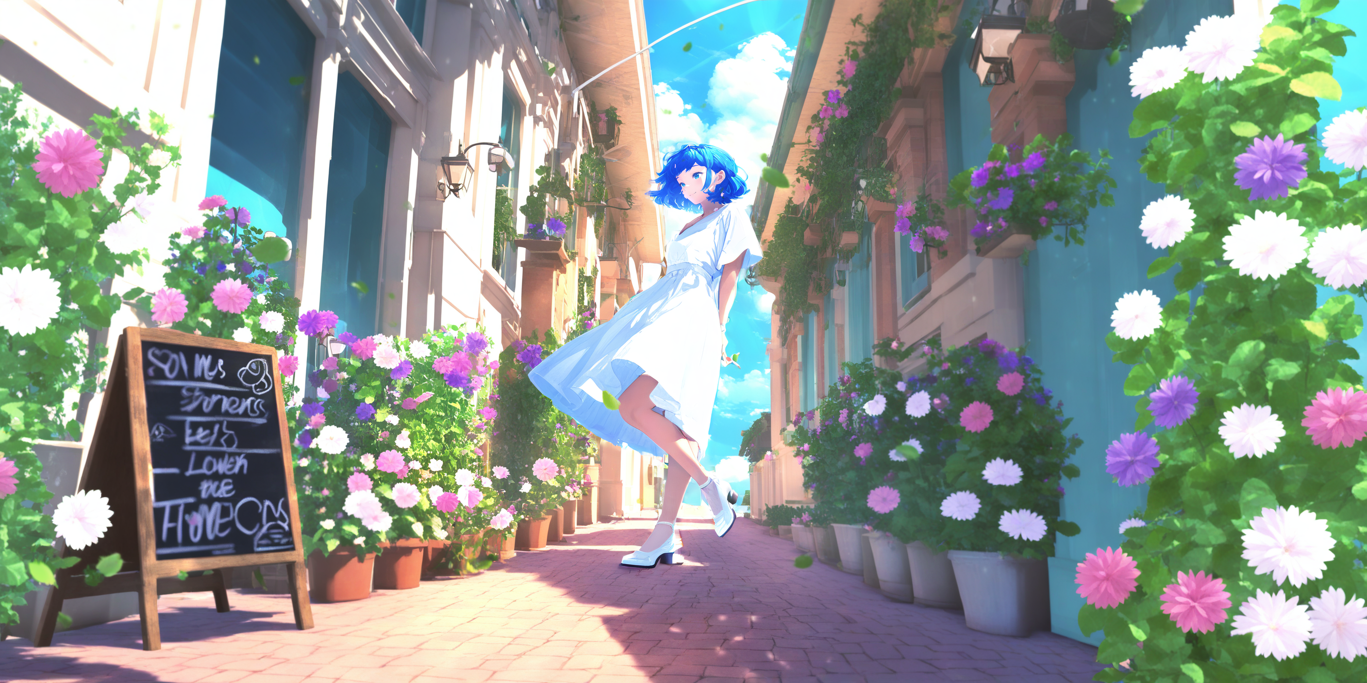 1girl, solo, flower, blue hair, dress, sky, outdoors, cloud, short hair, white dress, blue sky, day, white footwear, short sleeves, standing, smile, purple flower, arms behind back, shoes, standing on one leg, bangs, lamppost, sign, leaf, blue eyes, pink flower, wide shot, sunlight, plant, white flower <lora:lifelineXL_NB11_lokr_V6311P:0.95>