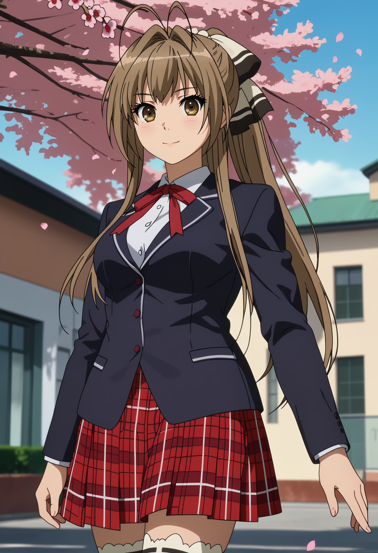 score_7_up, anime screencap,
<lora:AmagiBrilliantPark_SentoIsuzuXL:0.9>,
1girl, solo, closed mouth, light smile,
long hair, ponytail, brown hair, antenna hair, hair intakes, brown eyes, hair bow,
SentoSchool, blazer, black jacket, long sleeves, neck ribbon, red ribbon, plaid skirt, red skirt, white thighhighs,
standing, looking at viewer, thigh gap,
blurry background, outdoors,cherry blossoms, falling petals, school building