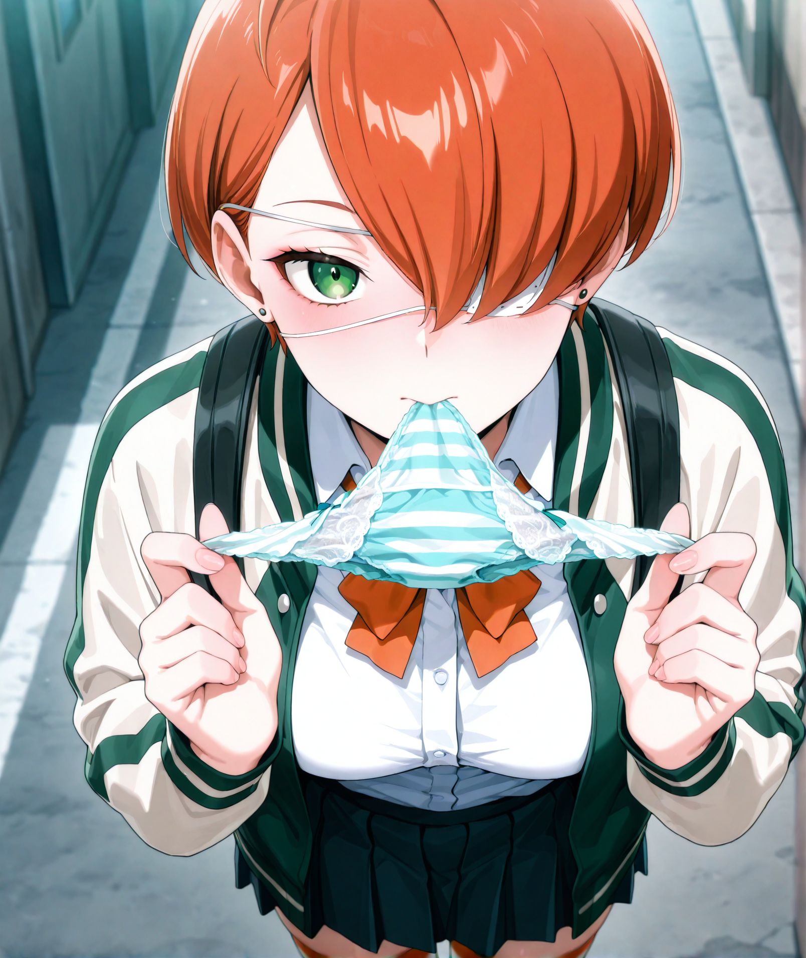 <lora:add-detail-xl:0.5>,,masterpiece, best quality, newest, absurdres, highres, detailed eyes, beautiful, detailed background, perfect eyes, anime coloring, anime screencap,
<lora:Holding_panties:0.7>Holding_pantiesV1,
1girl,underwear,breasts,panties,solo, hands up,
holding panties in mouth,looking at viewer, 
holding panties with both hands, lace panties, 
<lora:Kuin Hachisuka illu:1> 1girl, short hair, orange hair, green eyes, white eyepatch, hair over one eye, school uniform, bag, pleated skirt, white shirt, jacket, jewelry,collared shirt, long sleeves, striped thighhighs,
20YO, milf,adult,
