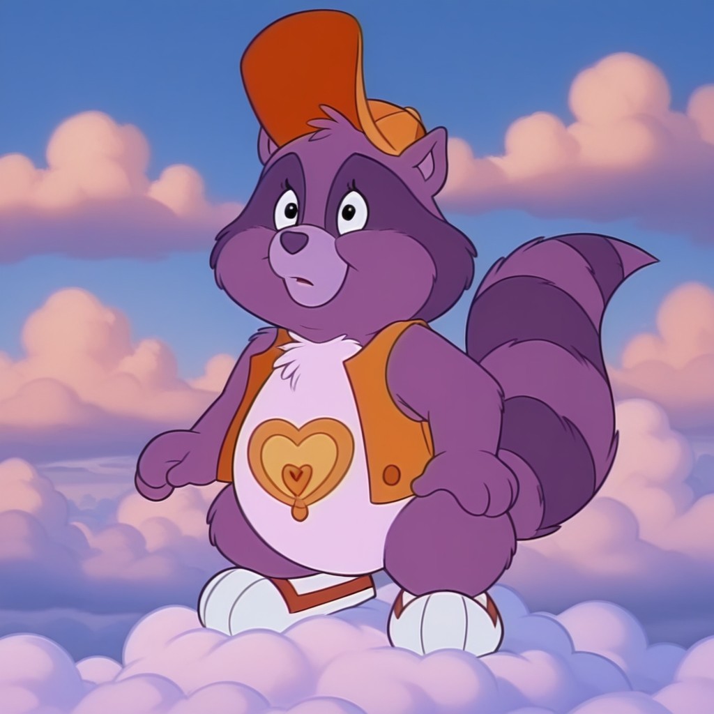 masterpiece, best quality, amazing quality,  brighthrtil, semi-anthro, male, raccoon_boy, purple fur, black eyes, tail, orange hat, orange vest, white shoes red trim,  full body, outside, standing, on clouds, tummy symbol, <lora:d7e03f58-d8d4-4d78-b9e7-92579185a95b:1.0>