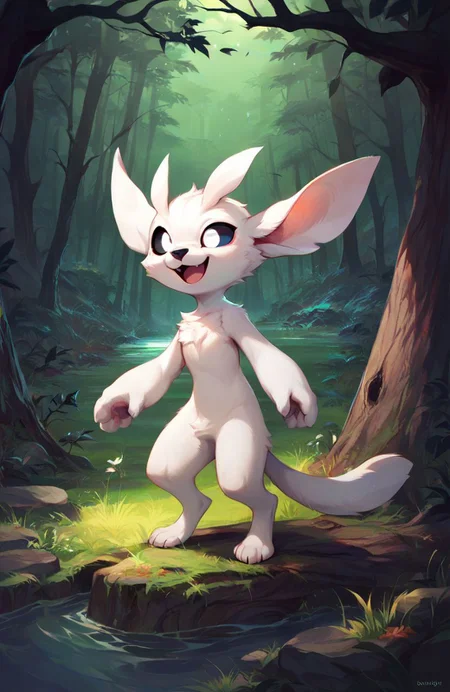 <lora:Ori:0.7> ori, white fur, paws, tail, black sclera, white eyes, black nose, upper body, source_anime, forest, tree, grass, standing, tree trunk, water, (night:1.2), open mouth, smile, dark environment, volumetric fog,, score_9, score_8_up, score_7_up, score_6_up, score_5_up, score_4_up, ponypositive,