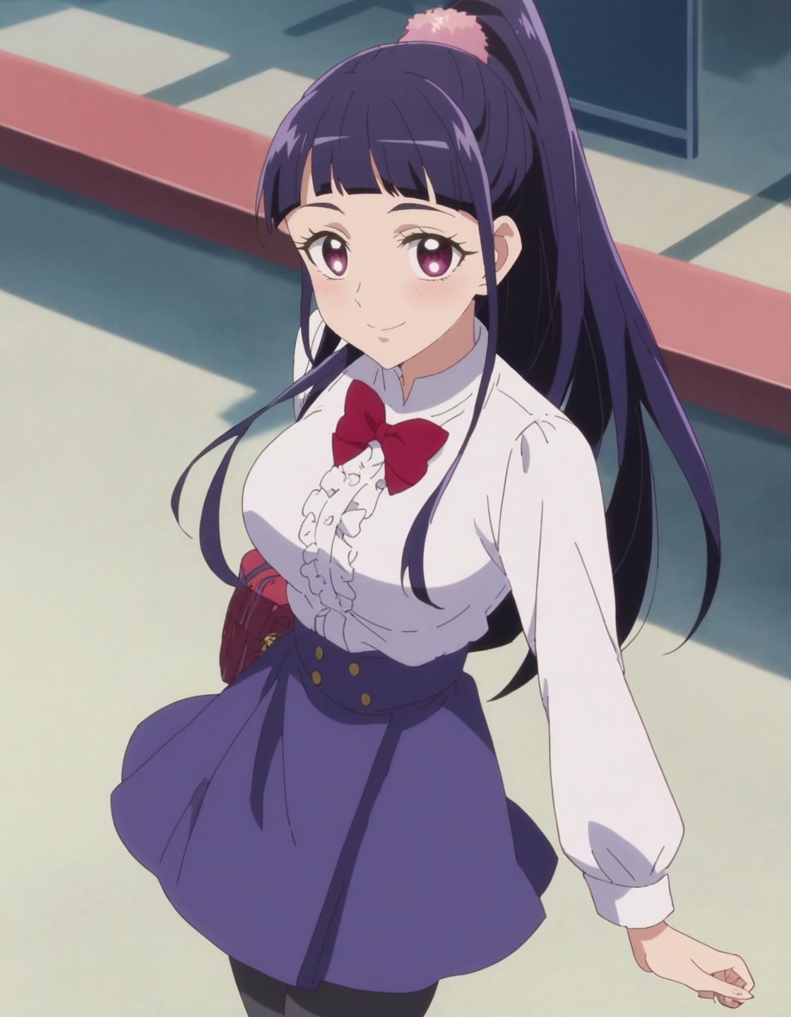 score_9, score_8_up, score_7_up, anime screencap, solo,1girl,izayoirikomd,skirt, smile, shirt, looking at viewer, purple skirt, bowtie, white shirt, black pantyhose,red bowtie, long sleeves, center frills,cowboy shot,large breasts,blush,high ponytail<lora:izayoirikomd:0.8>