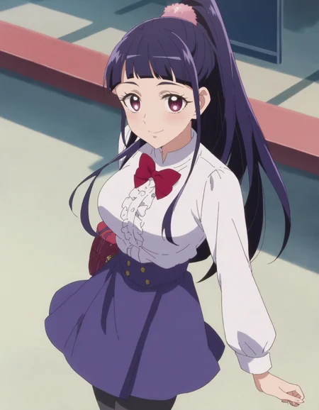 score_9, score_8_up, score_7_up, anime screencap, solo,1girl,izayoirikomd,skirt, smile, shirt, looking at viewer, purple skirt, bowtie, white shirt, black pantyhose,red bowtie, long sleeves, center frills,cowboy shot,large breasts,blush,high ponytail<lora:izayoirikomd:0.8>