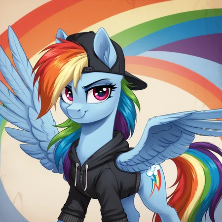 score_9, score_8_up, score_7_up, score_6_up, score_5_up, score_4_up, rating_safe, rainbow dash, female, mare, pegasus, pony, solo, baseball cap, cap, clothes, hat, hoodie, jacket, looking at you, tomboy, wings, backwards ballcap, spread wings, g4, detailed, beautiful, detailed background, <lora:Wholesome-MLP-v1.3b:1>