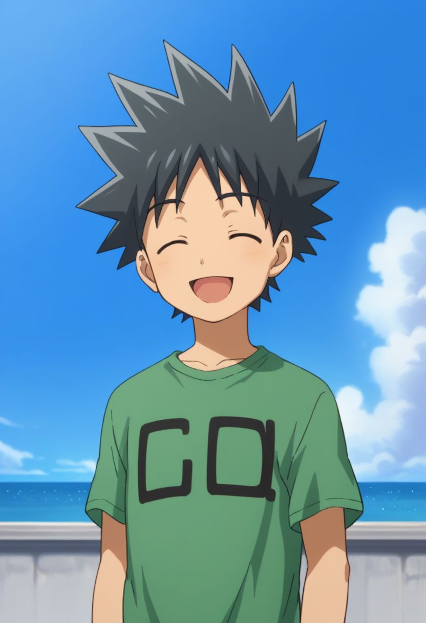 score_9, score_8_up, score_7_up, source_anime, highly detailed, cute,
takeru, 1boy, male focus, solo, black hair, sky, open mouth, smile, spiked hair, closed eyes, day, blue sky, cloud, shirt, pants, upper body,
outdoor,