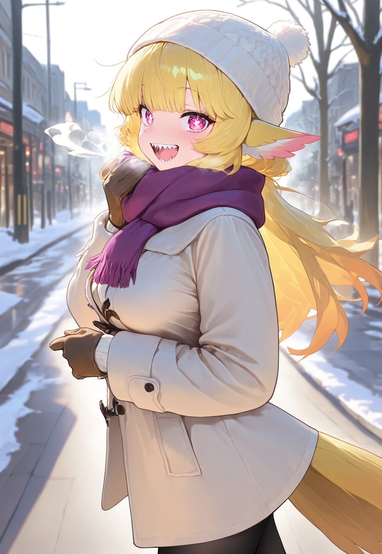 safe_pos, masterpiece, best quality, newest, absurdres, highres, vibrant, highly detailed, very aesthetic, cowboy shot, from side, 
BREAK 
1girl, solo, Lucita Yellow, long yellow hair, bangs, animal ears, tail, pink eyes, square shaped pupils, sharp teeth, ((adult)), medium breasts, white knitted hat, purple warm scarf, brown fluffy winter gloves, white long warm winter coat, cheerful expression, breathing effects, 
BREAK 
outdoors, noon, winter, Paris street, sidewalk, bare trees, busy street