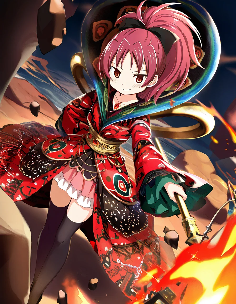 masterpiece, best quality, newest, absurdres, highres, safe, 1girl, sakura kyoko \(doppel ver.\), magia record: mahou shoujo madoka magica gaiden, holding polearm, fire, rock, solo, night, outdoors, dutch angle, <lora:sakura_kyoko_noobaiXLNAIXL_vPred10Version:0.7>