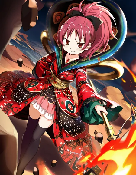 masterpiece, best quality, newest, absurdres, highres, safe, 1girl, sakura kyoko \(doppel ver.\), magia record: mahou shoujo madoka magica gaiden, holding polearm, fire, rock, solo, night, outdoors, dutch angle, <lora:sakura_kyoko_noobaiXLNAIXL_vPred10Version:0.7>