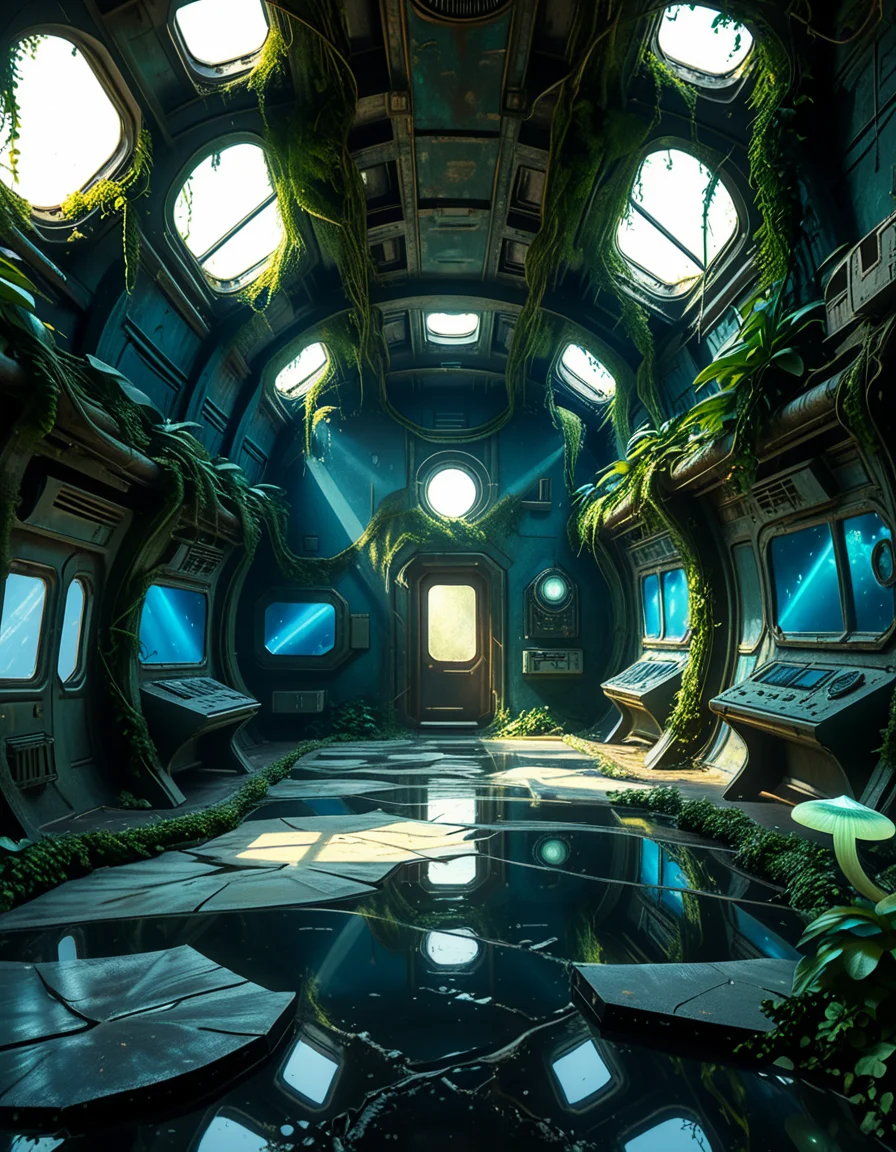 The interior of an ancient abandoned spaceship, overtaken by lush vegetation. The walls and ceiling are covered in thick, twisting vines and moss. Strange alien plants glow faintly in shades of blue and green, casting an eerie, mystical light across the metallic surfaces. Rusted control panels and shattered glass windows hint at a long-forgotten past. The floor is cracked and partially flooded with still, reflective water. Patches of bioluminescent fungi cling to the corners, adding a surreal atmosphere. The air feels heavy with moisture, and beams of soft, diffused light filter through holes in the hull, creating dramatic shafts of light and shadow. The overall style is hyper-realistic, rich in textures, with a cinematic and slightly melancholic mood.<lora:SDXLFaeTastic2400:0.4> <lora:extremely_detailed:0.4> extremely detailed,<lora:ancient_abandoned_sp4c3sh1p:1>,ancient abandoned sp4c3sh1p, Masterpiece,best quality,hi res,8k,hi res,8k,award winning,(sharp focus, intricate, highly detailed),