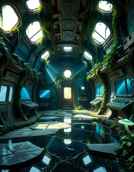 The interior of an ancient abandoned spaceship, overtaken by lush vegetation. The walls and ceiling are covered in thick, twisting vines and moss. Strange alien plants glow faintly in shades of blue and green, casting an eerie, mystical light across the metallic surfaces. Rusted control panels and shattered glass windows hint at a long-forgotten past. The floor is cracked and partially flooded with still, reflective water. Patches of bioluminescent fungi cling to the corners, adding a surreal atmosphere. The air feels heavy with moisture, and beams of soft, diffused light filter through holes in the hull, creating dramatic shafts of light and shadow. The overall style is hyper-realistic, rich in textures, with a cinematic and slightly melancholic mood.<lora:SDXLFaeTastic2400:0.4> <lora:extremely_detailed:0.4> extremely detailed,<lora:ancient_abandoned_sp4c3sh1p:1>,ancient abandoned sp4c3sh1p, Masterpiece,best quality,hi res,8k,hi res,8k,award winning,(sharp focus, intricate, highly detailed),