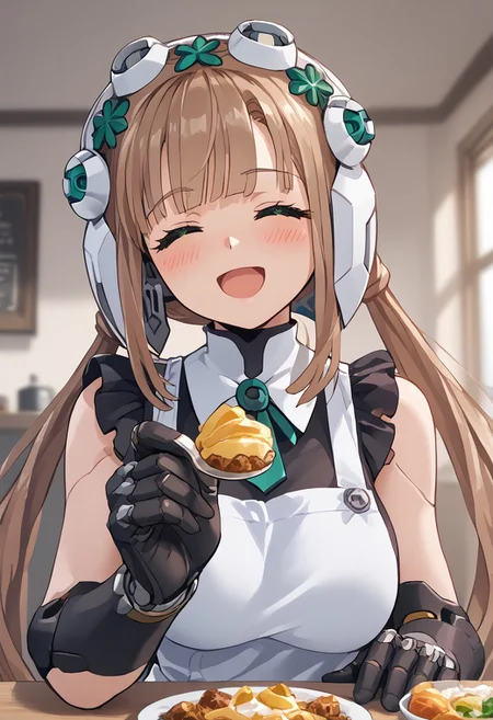 score_4,score_5,score_6,score_7_up,score_8_up,score_9 ((masterpiece,best quality,ultra detailed,highres,HD,4k:1.2)),
1girl, solo,solo focus,girl focus,face focus,
robo girl,android,robot joints,
very long hair,brown hair,low twintails,bangs,green eyes,head gear,head ornament,helmet,large breasts,
((Apron, sleeveless, exposed arms, exposed shoulders, frilly aprons:1.1)), upper body, pov,feeding,looking at viewer,feeding, food,incoming food, holding spoon,
((closed eyes)),looking at viewer,blush,shy,smile,,open mouth,