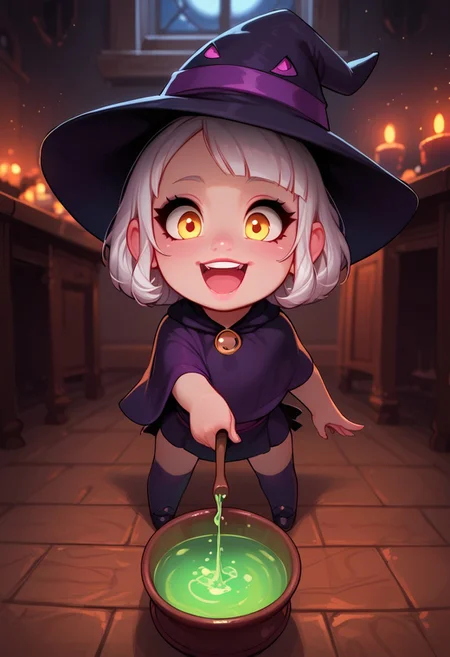 best quality, highly detailed, score_9, score_8_up, score_7_up, score_6_up,source_anime, BREAK, expressiveh, 1girl(Mikola from AFK Journey/,(ultra HD quality details), short white hair, hair hanging loose, (yellow eyes), SFW, Safe For Work, wide eyes, cutest girl in the world), source_cartoon, lineless, lilandavastyle, easynegative, g0thicPXL, glowing, neon, depth of field, makeup, Halloween theme, creepy haunted house interior, wearing a dark purple witch's outfit with a pointy witch hat, solo girl only, cute image, chibi, gleeful expression, stirring a huge cauldron with a giant wooden spoon, neon green glowing smoke pouring out of the cauldron, evil laughing,