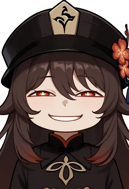 HuTao_DskFll, IncrsAnyasHehFaceMeme, 1girl, solo, long hair, looking at viewer, smile, simple background, brown hair, red eyes, long sleeves, hat, white background, hair between eyes, upper body, flower, one eye closed, tongue, tongue out, symbol-shaped pupils, black headwear, red flower, cropped torso, hat flower, flower-shaped pupils, plum blossoms, grin, hu tao (genshin impact), twitch emote, chibi, outline, sticker, BREAK PonyXLV6_Scores