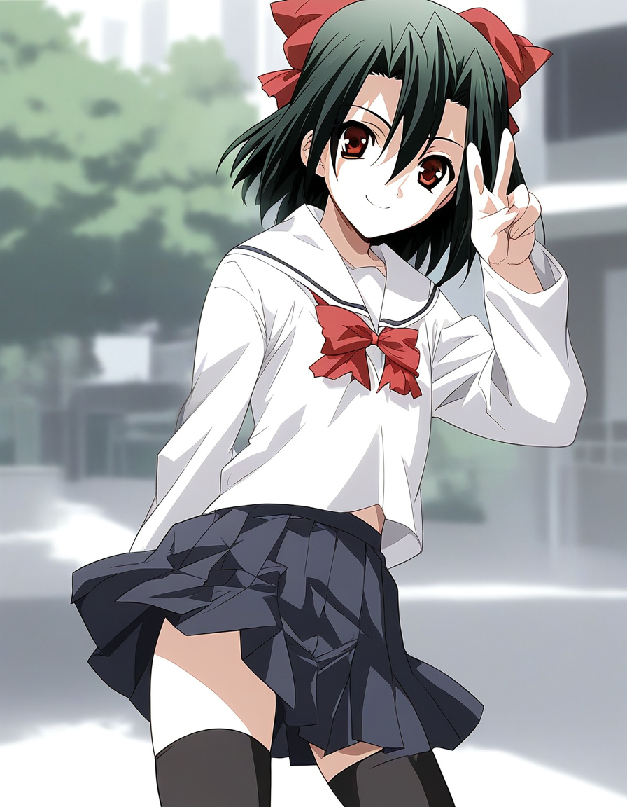 score_9, score_8_up, score_7_up, source_anime, rating_explicit, BREAK  <lora:Kiyoura_Setsuna_XL:1> Kiyoura_Setsuna, black hair,  green hair, short hair, red eyes, hair bow, hair ribbon, flat chest,hair between eyes, bangs,
thighhighs, 1girl, solo, school uniform, v sign, skirt, zettai ryouiki, bow, 
black thighhighs, smile,
looking at viewer, 
cowboy_Shot,
outdoor, school,