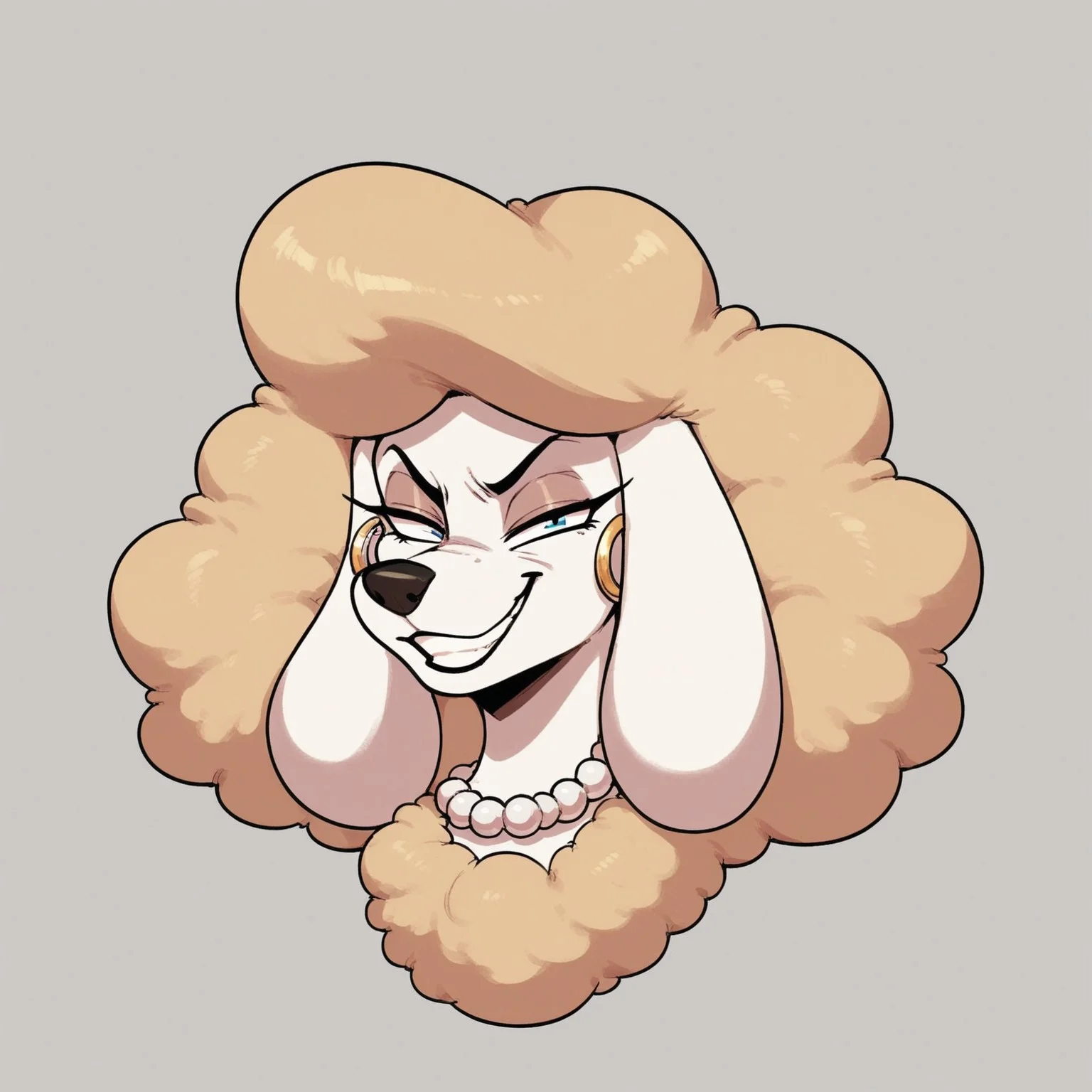 score_9, score_8_up, 1girl, solo, (Poodle), looking at viewer, smug grin, feral, pearl necklace, portrait, headshot, ears,
