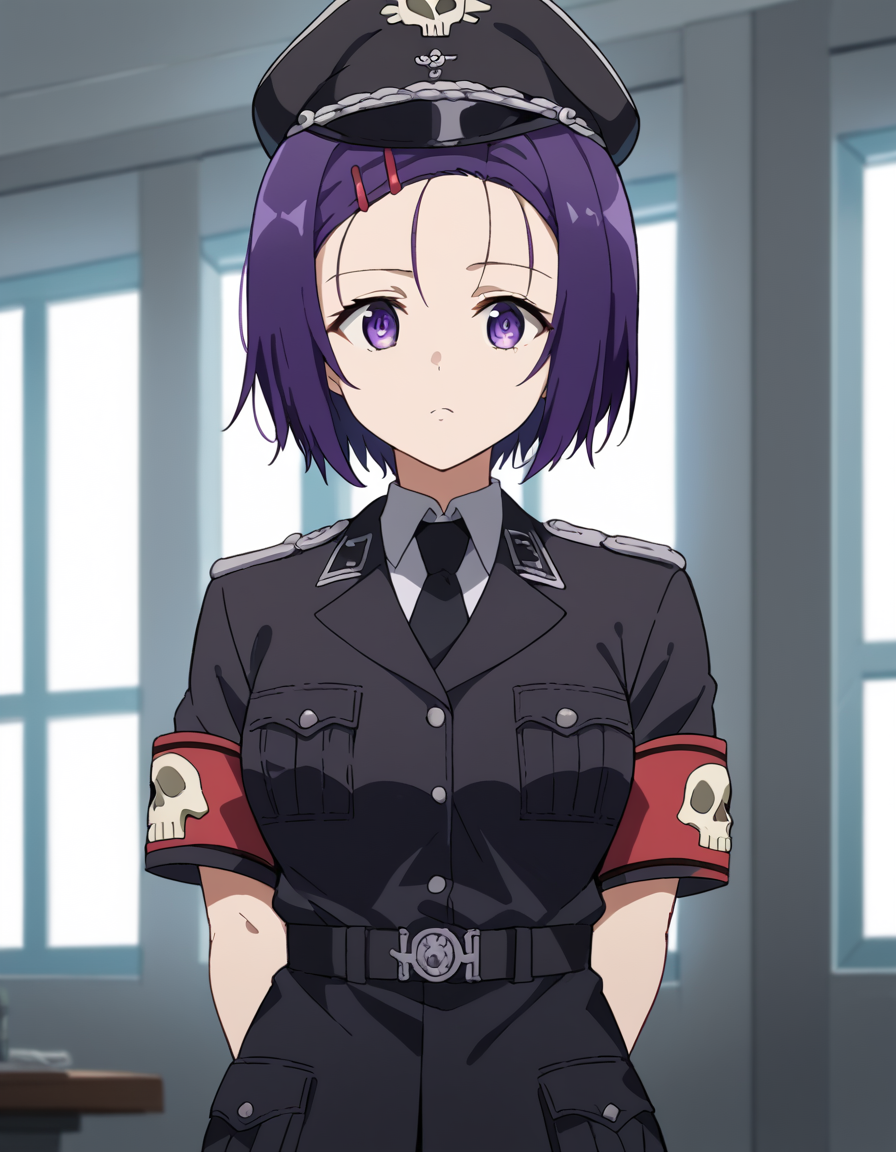 score_9, score_8_up, score_7_up, source_anime, <lora:haruna-sairenji-darkness-ponyxl-lora-nochekaiser:1>, haruna sairenji, hair ornament, hairclip, purple eyes, purple hair, short hair, swept bangs, forehead, medium breasts, <lora:warden-ponyxl-lora-nochekaiser_r1:1>, skull hat ornament, uniform, military uniform, black uniform, hat, cap, black cap, armband, collared shirt, black necktie,, indoors, hands behind back,, cowboy shot,