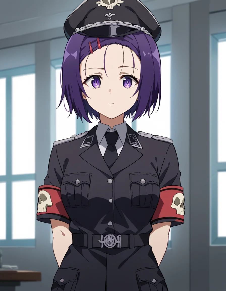 score_9, score_8_up, score_7_up, source_anime, <lora:haruna-sairenji-darkness-ponyxl-lora-nochekaiser:1>, haruna sairenji, hair ornament, hairclip, purple eyes, purple hair, short hair, swept bangs, forehead, medium breasts, <lora:warden-ponyxl-lora-nochekaiser_r1:1>, skull hat ornament, uniform, military uniform, black uniform, hat, cap, black cap, armband, collared shirt, black necktie,, indoors, hands behind back,, cowboy shot,