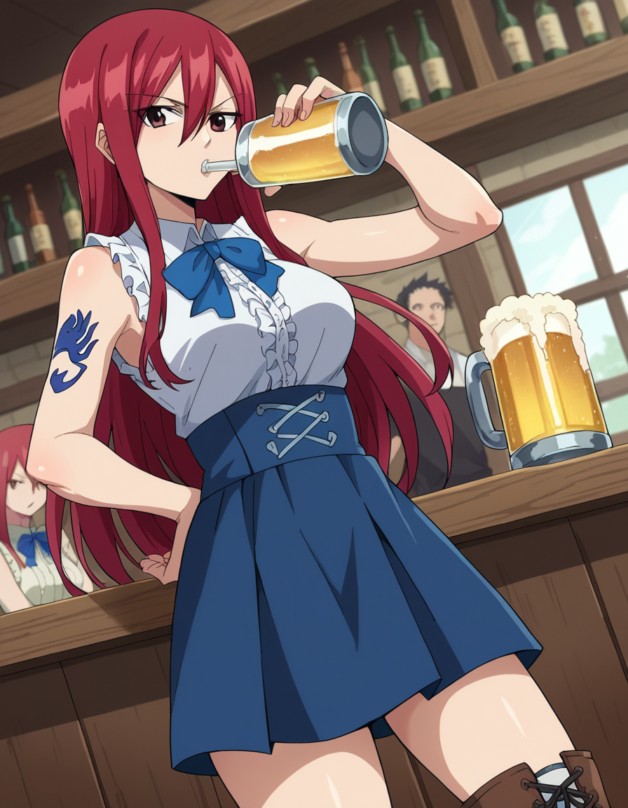 score_9, score_8_up, score_7_up, source_anime,
erzascarlet, <lora:erza-scarlet-ponyxl-lora-nochekaiser:1>
erza scarlet, long hair, red hair, hair between eyes, brown eyes,
skirt, shirt, bow, boots, sleeveless, sleeveless shirt, tattoo, white shirt, frills,
indoors, bar, beer, mug, drinking, 
looking at viewer, dutch angle, cowboy shot